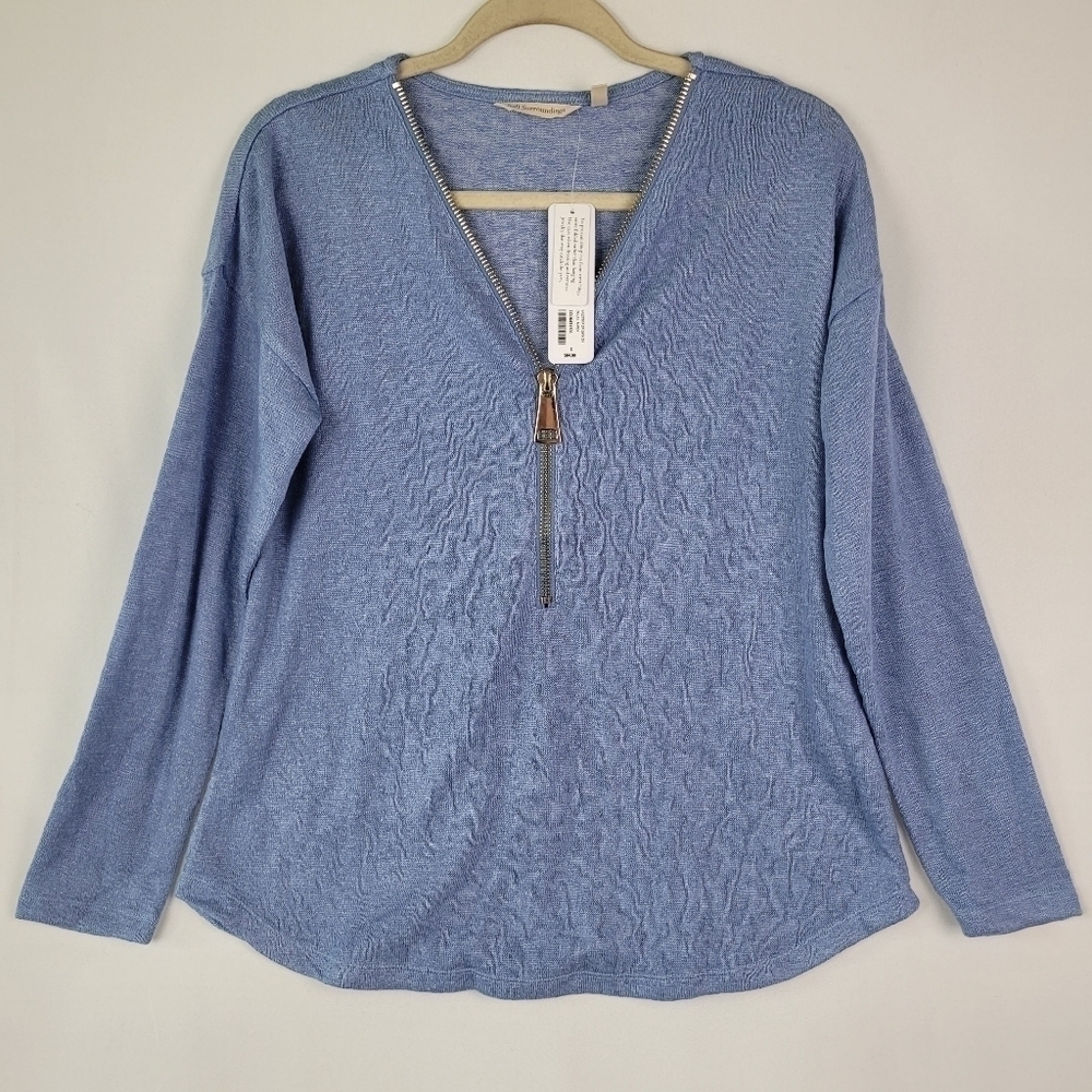 NWT Soft Surroundings Valentina Sweater Blue Long Sleeve 1/2 Zip Silver Sz Small